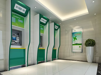 Bank Self Service Area With Green ATMs Potted Plant And Advertising Board 3d model