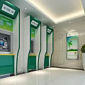 Bank Self Service Area With Green ATMs Potted Plant And Advertising Board