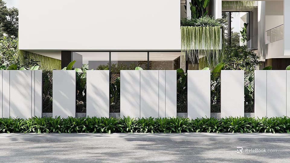 Modern Landscape Wall With White Panels And Lush Green Plants In Outdoor Space 3d model 