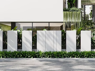Modern Landscape Wall With White Panels And Lush Green Plants In Outdoor Space 3d model