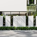 Modern Landscape Wall With White Panels And Lush Green Plants In Outdoor Space