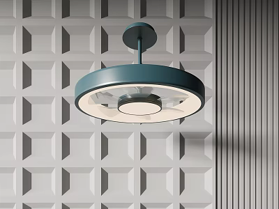 Hanging Air Conditioner Fan Blue Round Design With Light Against Gray Geometric Wall Background 3d model