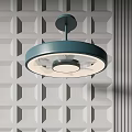 Hanging Air Conditioner Fan Blue Round Design With Light Against Gray Geometric Wall Background
