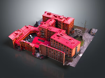 Cartoon Style Red Roof Building Complex Model With Vehicles And Trees 3d model