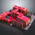 Cartoon Style Red Roof Building Complex Model With Vehicles And Trees