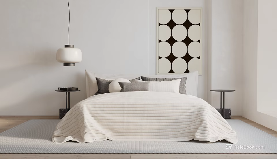 Minimalist Double Bed Interior Design With Geometric Artwork Pillows Nightstands And Pendant Light 3d model 