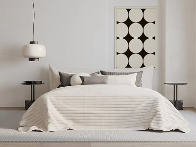 Minimalist Double Bed Interior Design With Geometric Artwork Pillows Nightstands And Pendant Light 3d model