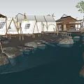 Scenic Camping Site With Luxury Tents Alongside Natural Stream And Green Trees