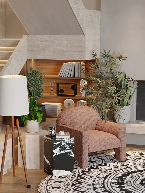 Peach Accent Chair In Cozy Living Room With Green Plants Bookshelf And Floor Lamp 3d model 