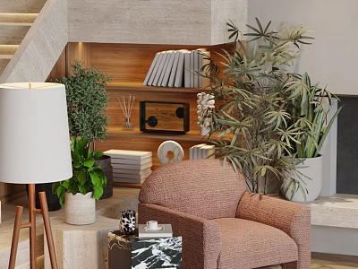 Peach Accent Chair In Cozy Living Room With Green Plants Bookshelf And Floor Lamp 3d model