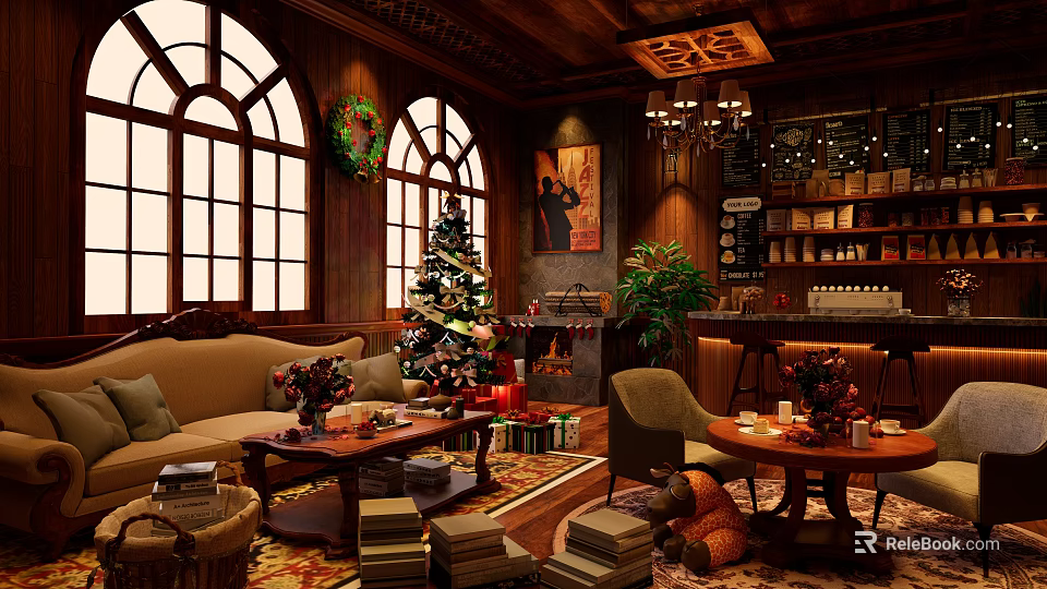 Vintage Christmas Café Interior With Wooden Furniture Chandelier And Christmas Tree 3d model 
