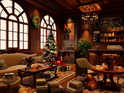 Vintage Christmas Café Interior With Wooden Furniture Chandelier And Christmas Tree 3d model