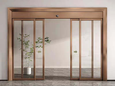 Modern Automatic Sensor Door With Bronze Frame And Glass Panels In Interior Space 3d model