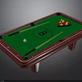 Red Frame Green Felt Billiard Table With White Cue Ball Cues And Colored Balls Triangle