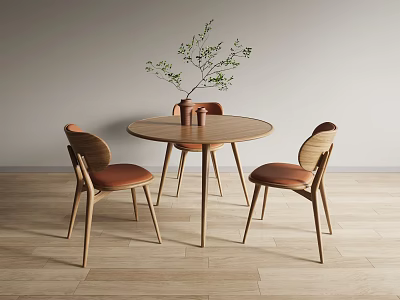 Modern Round Wooden Dining Table With Three Chairs Brown Cushions And Green Plant Decoration 3d model