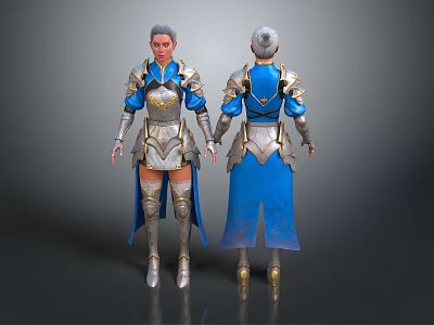 Warrior Character Design With Blue Silver Armor Gold Accents Front And Back Views 3d model