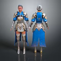 Warrior Character Design With Blue Silver Armor Gold Accents Front And Back Views
