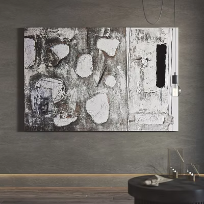 Abstract Textured Painting Hanging On Gray Wall With Accent Lamp 3d model
