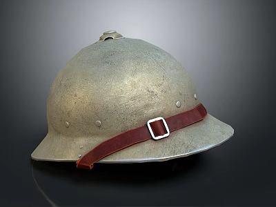 Vintage Metal Helmet With Worn Surface And Red Leather Strap Buckle 3d model