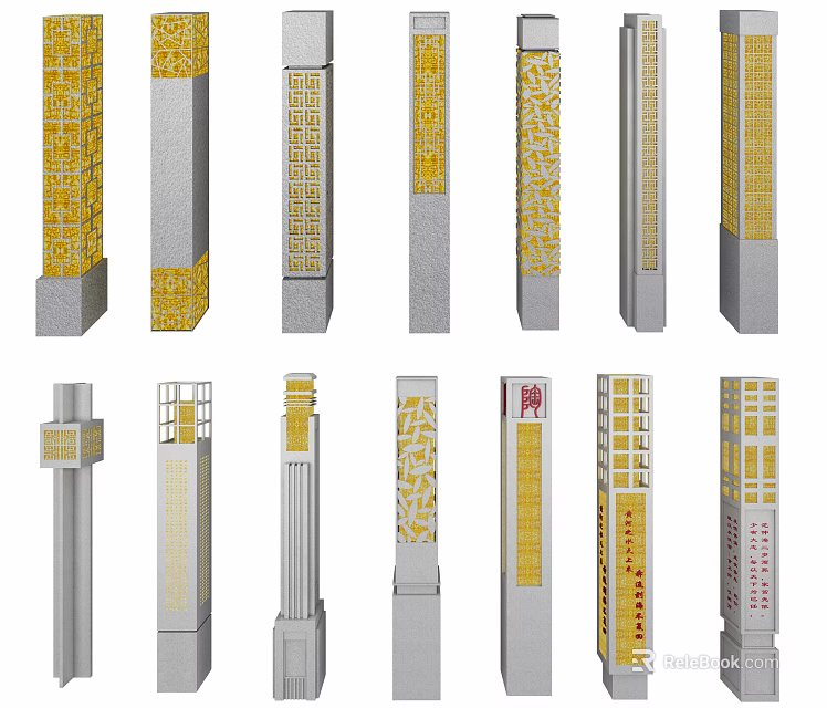 Various Decorative Columns With Yellow Patterns And Different Structural Designs 3d model