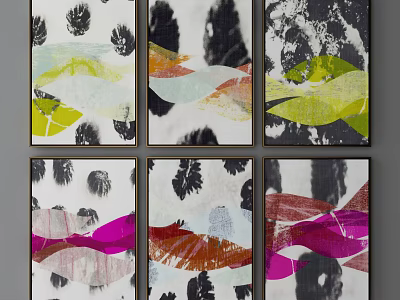 Abstract Paintings With Green Pink Black White Brush Strokes And Six Panels 3d model