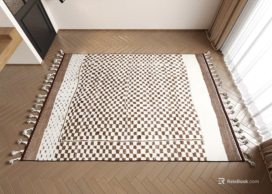 Square Brown White Checkered Rug With Tassels On Herringbone Wood Floor 3d model