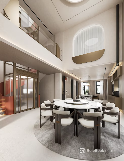 Modern Restaurant Interior With Round Dining Table Elegant Chairs And Hanging Chandeliers 3d model 