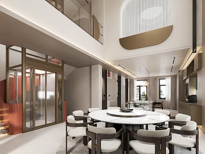 Modern Restaurant Interior With Round Dining Table Elegant Chairs And Hanging Chandeliers 3d model
