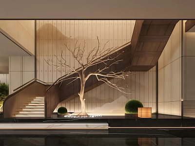 Modern Interior Design With Staircase Decorative Tree Marble Floor And Green Plants 3d model