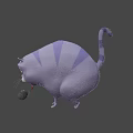 Animated Blue Purple Striped Chubby Cat Character Looking At Coin On Purple Background
