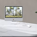 Stylish iMac Desktop Setup With Forest Screen White Keyboard Mouse On Marble Desk
