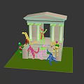 Man With Colorful Toy Figures Near Classical Columned Building