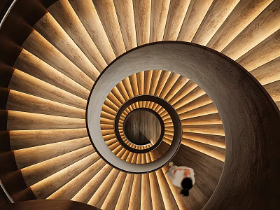 Modern Spiral Staircase Featuring Wooden Steps And Soft Lighting With Person At Bottom 3d model