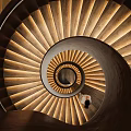 Modern Spiral Staircase Featuring Wooden Steps And Soft Lighting With Person At Bottom