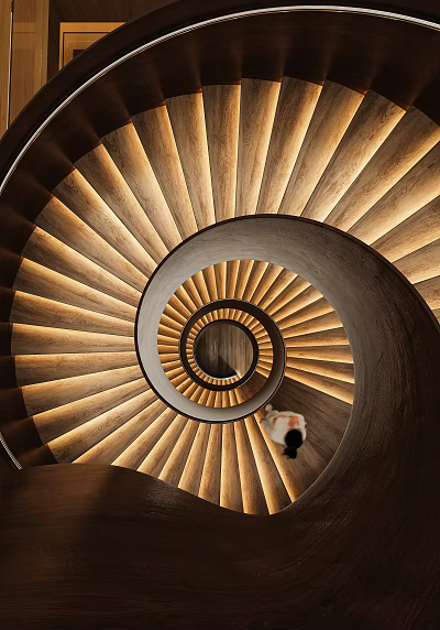 Modern Spiral Staircase Featuring Wooden Steps And Soft Lighting With Person At Bottom 3d model