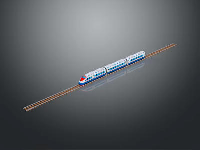 High Speed Blue and White Train on Railway Track with Grey Background 3d model