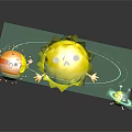 Cartoon Scene With Yellow Sun Like Character Small Round Figures Floating On Black Background