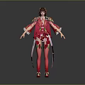 Elegant 3D Female Character In Red Traditional Costume With Golden Decorations And Hairstyle Accessories