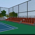 Outdoor Tennis Court With Blue Surface Green Floor Orange Seats And Fence