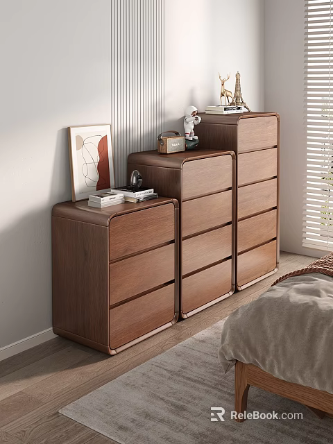 Modern Wooden Dressers In Bedroom With Drawer Design Featuring Artwork Decorative Items And Books 3d model 