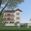 Modern Three Story Detached Villa With Balconies Glass Windows And Greenery Lawn