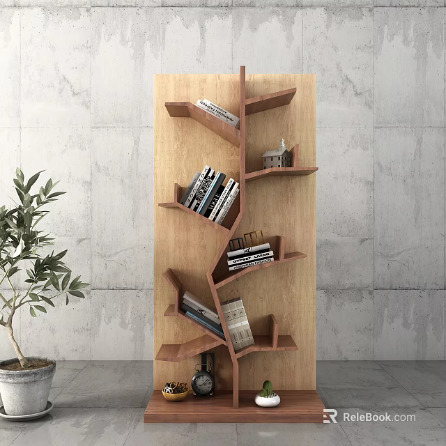 Unique Wooden Bookcase With Irregular Shelves Holding Books And Decorative Items 3d model 