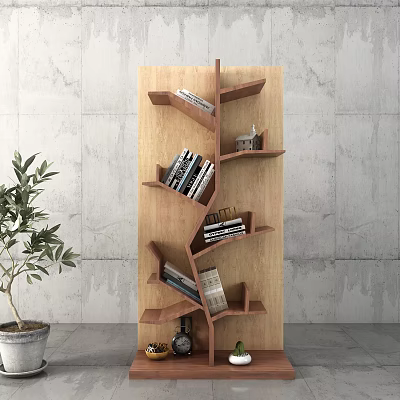 Unique Wooden Bookcase With Irregular Shelves Holding Books And Decorative Items 3d model