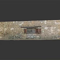 Rustic Stone Wall With Red Wooden Shutter Windows And Traditional Masonry