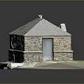 Stone Building Model With Gray Roof Stone Walls And Door On White Platform