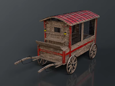 Vintage Wooden Carriage With Red Roof Cage Windows Harness Chain And Wheels 3d model