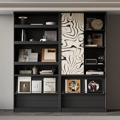 Modern Black Bookcase With Decorative Items Books Photo Frames And Textured Panel 3d model
