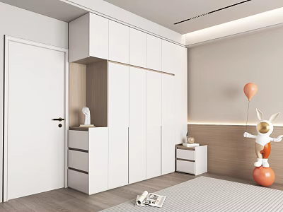 Modern White Wardrobe in Minimalist Bedroom with Open Storage Cabinets and Drawers 3d model