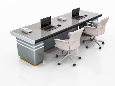 Modern Office Desk Setup With Two Laptops Two Telephones And Beige Office Chairs 3d model