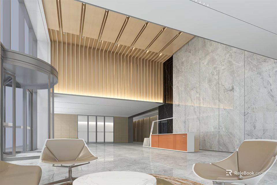Modern Front Desk Reception Lobby With Wooden Ceiling Marble Wall And Armchairs 3d model 